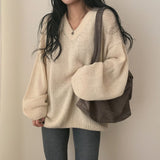V-Neck Solid Color Pullover Sweater-Outfit