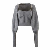 Beige Knitted Women's Suit Square Collar Sleeveless Top Bishop Long Sleeve Cardigan Two Piece Set Women