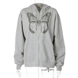 Oversized Butterfly Graphic Rhinestone Zip Up Hoodies-Outfit