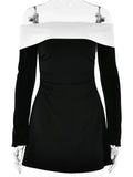 Off-Shoulder Color Block Long Sleeve Mini Dress-Outfit