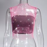 Toloer Nightclub Dresses Fishnet Hollow Out Rhinestone Vest Mesh Flash Diamond Sling Top