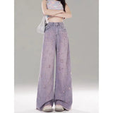 Purple High-Waisted Broad-Legged Jeans Women's New Broken Hole Hair Fall Trousers In Summer