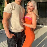 Orange Mesh Lace Patchwork Cami Maxi Dress-Outfit