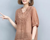 Clothing Cotton Hemp Women's 2023 New Short Sleeve T-shirt Summer V-Neck Graphic Fashion Elegant Loose Vintage Tops-Outfit