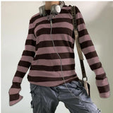 Women Y2K 2000s Retro Knit Basic Tee Shirt Casual Grey Black Striped Long Sleeve Round Neck Tops Club Streetwear-Outfit
