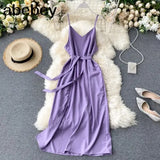 Style Sexy V-neck Slit long Dress Women's Summer elegant Plain Lace-up Waist Dress Office