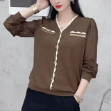 Clothing Solid Color Blouse French Style Elegant Patchwork 2024 Spring Autumn Fashion Diamonds Korean Casual V-Neck Shirt-Outfit