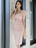 Han Queen Summer Women's Pink Dresses Office Bodycon Pencil Sheath Dress Elegant Simple Slim Party Knee-Lengtgh Vestidos-Outfit