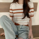 Version Of Chic Summer Small Casual Round-Coln Color Three-Dimensional Stripe Design Sense Loose Short-Sleeved Knitted T-Shirt