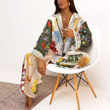 Women's 2025 Suit New Casual Print V-Neck Shirt Broad Leg Pants Women's Spring