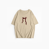 Sale Of Retro Simple Bow Print T-Shirts For Girls In Summer Loose Round-Neck Pure Cotton Short