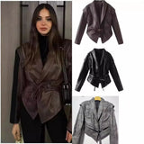 Early Spring New Women's Retro Coffee Brown Leather Coat