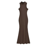 Trendy Women's Dress Is Full Of Style, Elastic, Slim, Half-High Collar, Sleeveless Vest, Long Skirt, Buttocks, Fishtail Dress-Outfit
