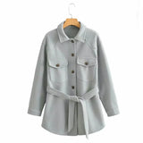 PUWD Casual Woman Loose Sashes Woolen Shirt Coat 2021 Spring Autumn Fashion Ladies Soft Warm Jacket Female Elegant