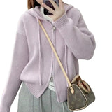 Version Of Solid Color Double Zipper Hooded Sweater Female Korean Early Autumn New Loose Style Soft Waxy Knitted Cardigan Jacket-Outfit