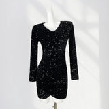 Toloer Lined Elegant French V Collar Sequin Wrapped Hip Skirt Slim Pleated Long Sleeve Skirt Gold Wind Velvet