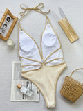 Toloer Bikini Bikini White Coffee Contrast Color Hollow Strap One-Piece Swimsuit D788KY-Outfit