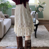 Toloer Classical Palace Wind Lace Flounce Skirt Female New Low Waist Retro Temperament Draw Rope-Outfit