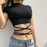 Toloer New Bottom Shirt Solid Color Sexy Hot Girl Tie Short-Sleeved T-Shirt Women's Clothing-Outfit