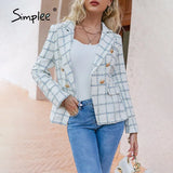 Simplee Office za plaid pocket women blazer jacket autumn Elegant long sleeve white suit blazer Causal female fashion top