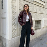 Burgundy Pu Leather Zipper Biker Jacket-Outfit