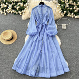 Standing Collar Nails Drilled Full Of Star Buckle Lantern Sleeves Tied With Waist Temperament Dress Famous Party Dress
