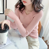 Autumn And Winter New Style Kengtiao Thin Knitted Blouse Woman V-Collar Slim Solid Color Cover Bottom Sweater-Outfit