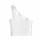 Toloer Autumn / Winter Ebay Sleeveless Diagonal Shoulder Vest Female Ins Fashion Wear A Slim Open Shoulder Short Crop Top-Outfit