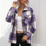 Plaid Print Coat Women Winter Long Sleeve Turndowm Collar Single Breasted Pocket Slim Woolen Blazer Casual Loose Warm Jacket