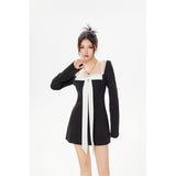 Sweet Style Long Sleeve 3D Bow Decoration Mini Dresses 2024 Spring Women Elegant Square Collar A-Line Loose Fit Dress-Outfit