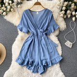 Summer New Korean Rompers Women Flared Sleeve Solid Ruffle Wide Leg Short Jumpsuits Casual Vacation Beach