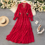 Holiday Dress Spring Dress 2023 New Goddess Temperament V-Collar Rope-Drawn Waist Dress-Outfit