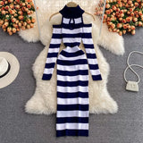 Women Retro Stripe Knitted Dress Sexy Off Shoulder Long Sleeve Slim Dresses Autumn Winter Bodycon Korean Sweater