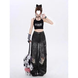Mm Cool Hole Jeans Female Large Size Street Personality Babes Tied Loose Thin Leg