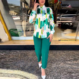 2023 Two Piece Set Womens Turn Down Collar Pant Sets Loose Print Long Sleeves Shirt Pencil Trousers Office Lady-Outfit
