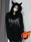 Women Hoodie Cartoon Devil Cowhorn American Retro Pullover 2024 New Couple Fashion Punk Coat Japanese Hip Hop Streetwear-Outfit