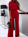 2 Pieces Sets Elegant T Shirts Half Sleeve And Wide Leg Pant Outfits Women Solid 2 Pant Sets For Women Casual Fashion-Outfit