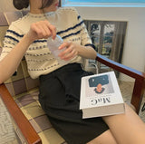 Version Of Chic Summer Small Casual Round-Coln Color Three-Dimensional Stripe Design Sense Loose Short-Sleeved Knitted T-Shirt
