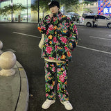 Northeast Big Flower Coat Suit Male Winter Lovers Large Size Cotton-Padded Clothes Pants China-Fashion Retro Coat Peony Flower Net Red Cotton Clothes-Outfit