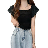 Edge French Style Collar Short Sleeve Small Knitted T-Shirt Girl Summer Sweet Niche Care Machine Short