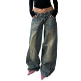 Toloer Wind Do Old Wash Water Division Casual Jeans Low Waist Straight Tube Loose Show Thin Casual Pants-Outfit