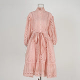 Spring And Summer New Lantern Sleeve Retro Hollow Lace Splicing Single Buckle Loose Lace Dress Dress