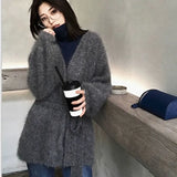 Womens Solid Colour Cardigans Sweater Casual Mink Fur Knitting Jackets Loose Large Sizes Lace-up Outerwear