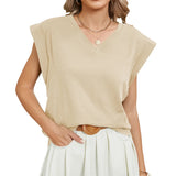2024 New Women's V-Neck Solid Color Rotator Sleeve Casual Vest T-Shirt-Outfit