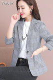 Vintage Casual Plaid Blazer Women Fashion Single Button Office Ladies Jacket Coat Notched Collar Long Sleeve