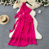 Three-Dimensional Flowers With Slanted Shoulder Dress Women's Folds To Waist Chic Design Irregular Vacation
