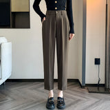 Grey Suit Pants Female Autumn New Ice Silk Pants Hanging Feeling Show Thin Harun Nine Points Casual Straight Tube Smoke Pipe Pants-Outfit