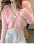 Fur Knit Cardigan Thin Sweater Coat Long Sleeve V-Neck Button Outfit Women Korean Cute Solid Pink White Crop Top