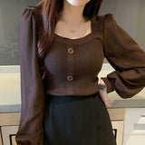 Bubble Sleeves Women's Long Sleeve Spring New Square Collar Knitted Shirt Dress Jacket Coat Jacket
