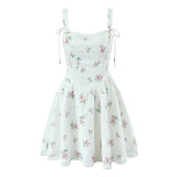 White Floral Print Bow Strap Chiffon Mini Dress-Outfit